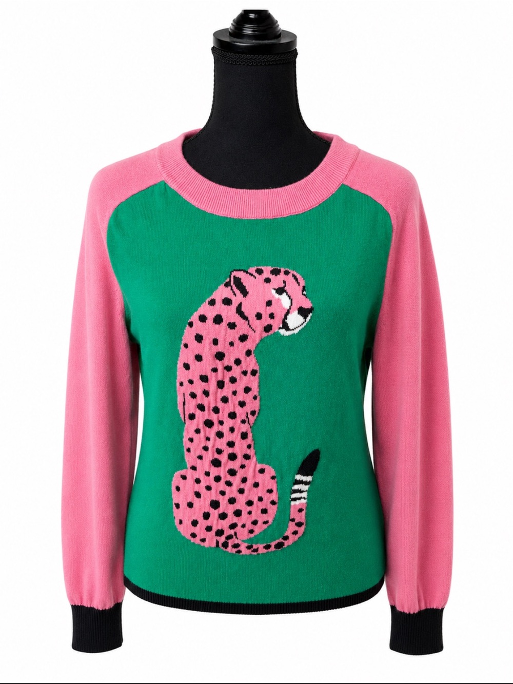 OXKNIT Pink Cheetah Colorblock 100% Cotton Knit Sweater M
